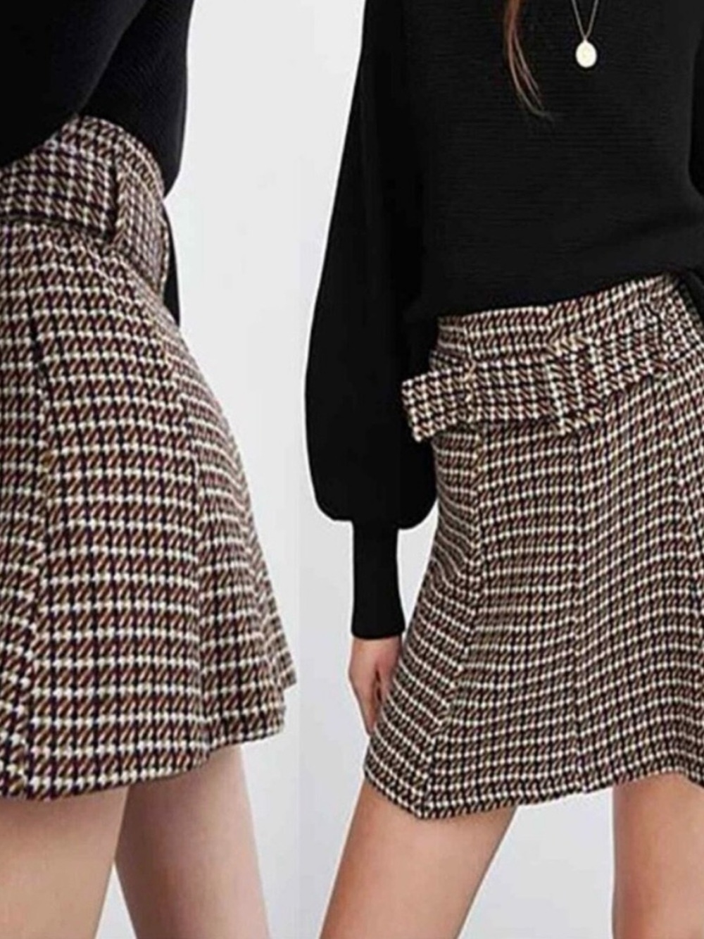 Zara Brown Houndstooth A-Line Belted Mini Skirt